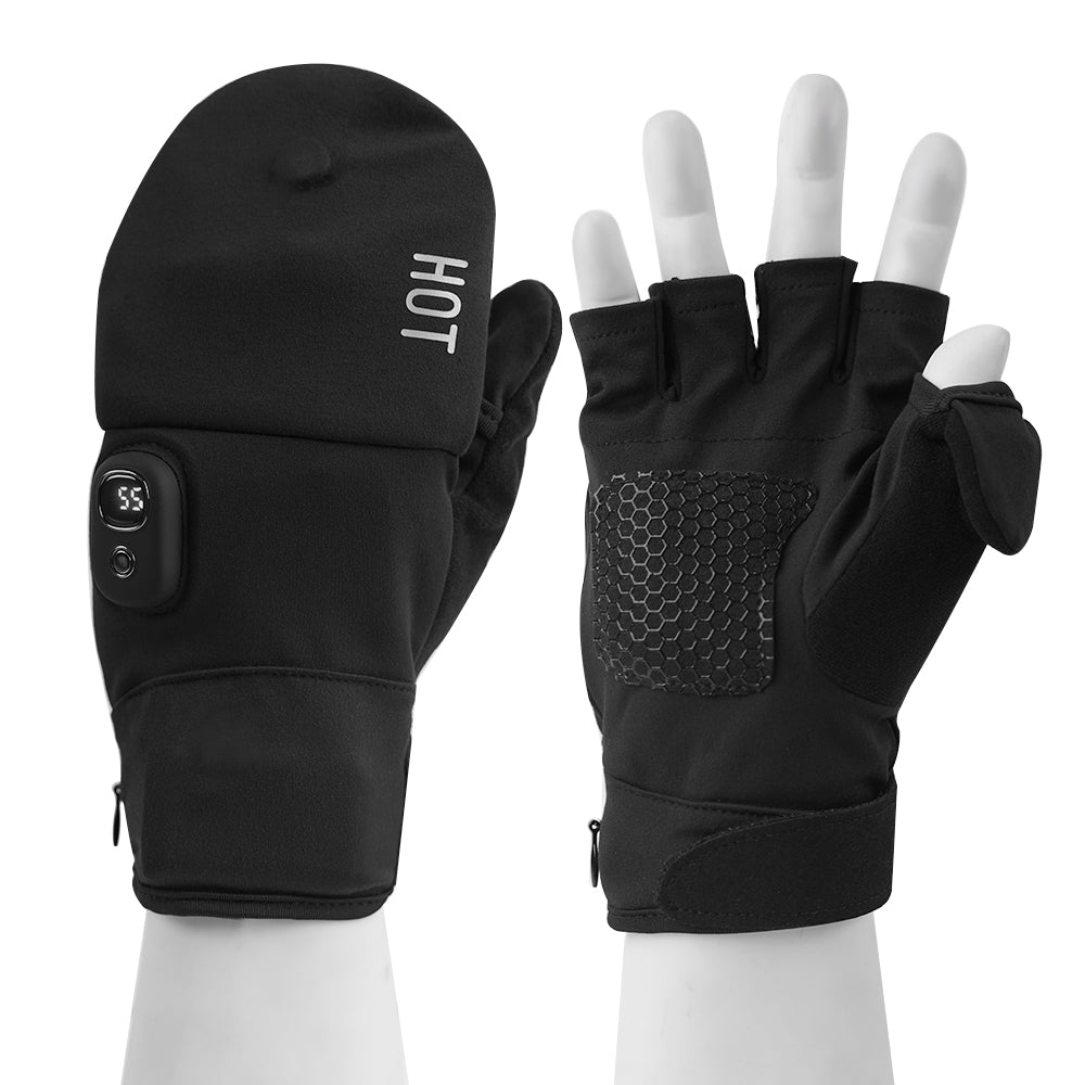 NimbleWarm black flip-top heated gloves showing convertible mitten cover and fingerless grip palm