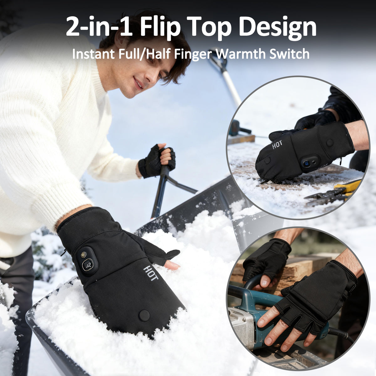 Man using 2-in-1 convertible heated gloves for snow shoveling and outdoor cold-weather work