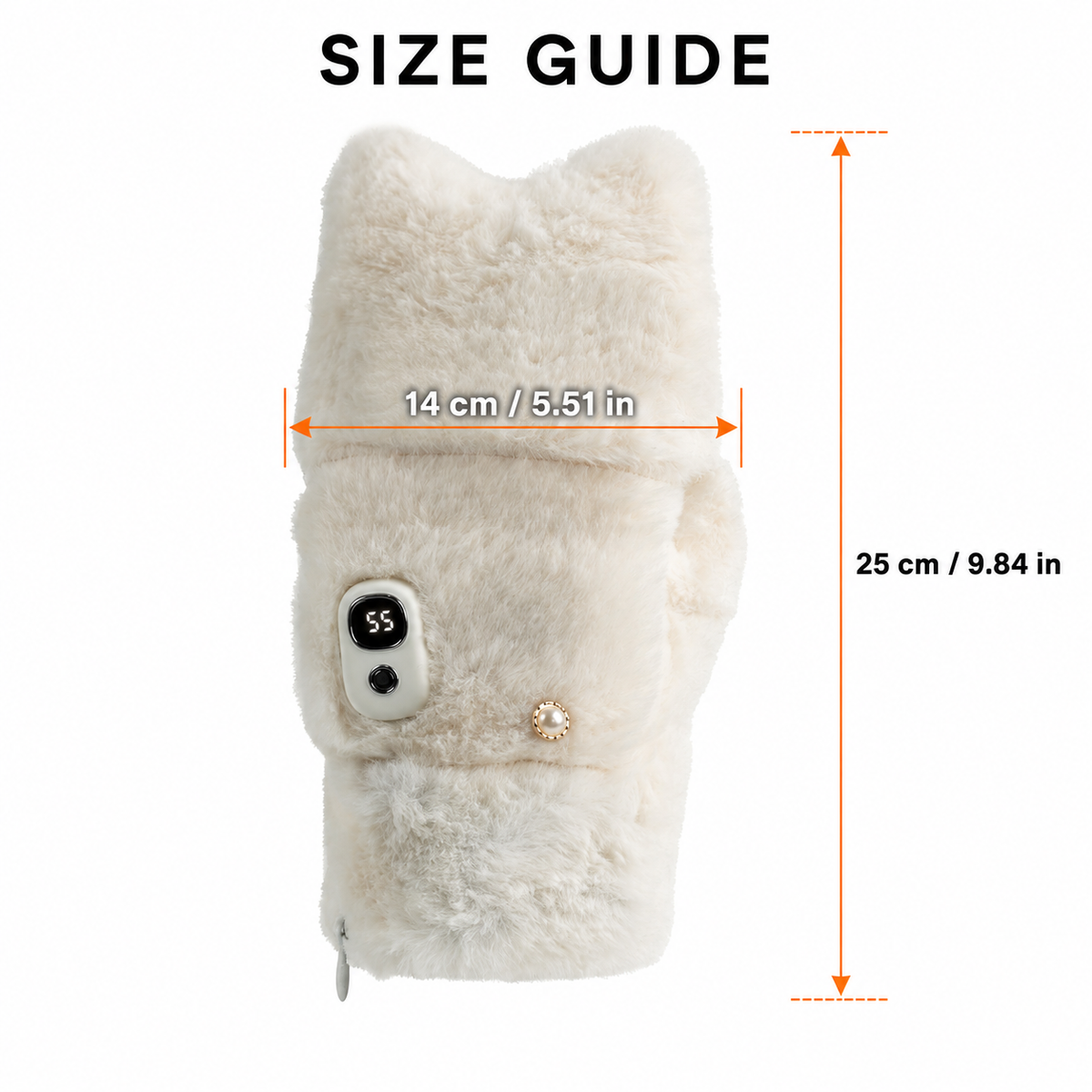 Size guide and dimensions for NimbleWarm cat head flip-top heated gloves with length and width