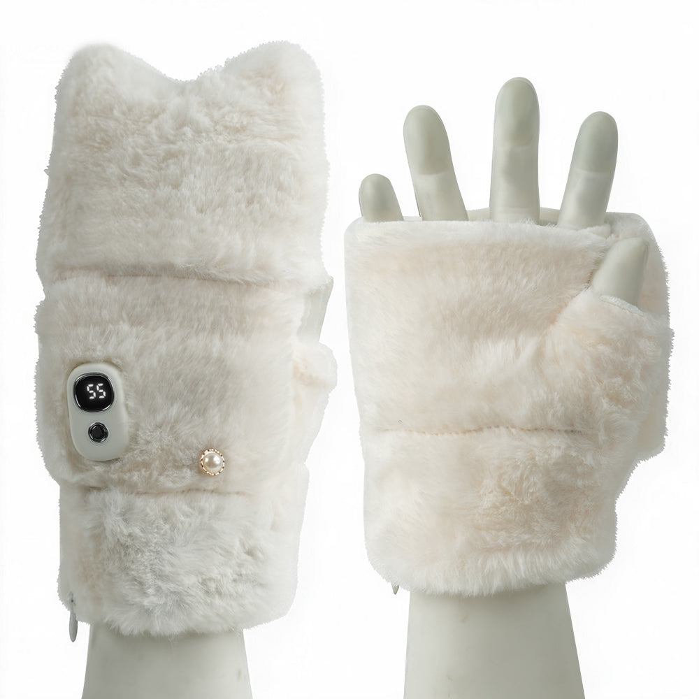 Pair of white NimbleWarm cat head flip-top heated gloves showing digital display and convertible mitten flap
