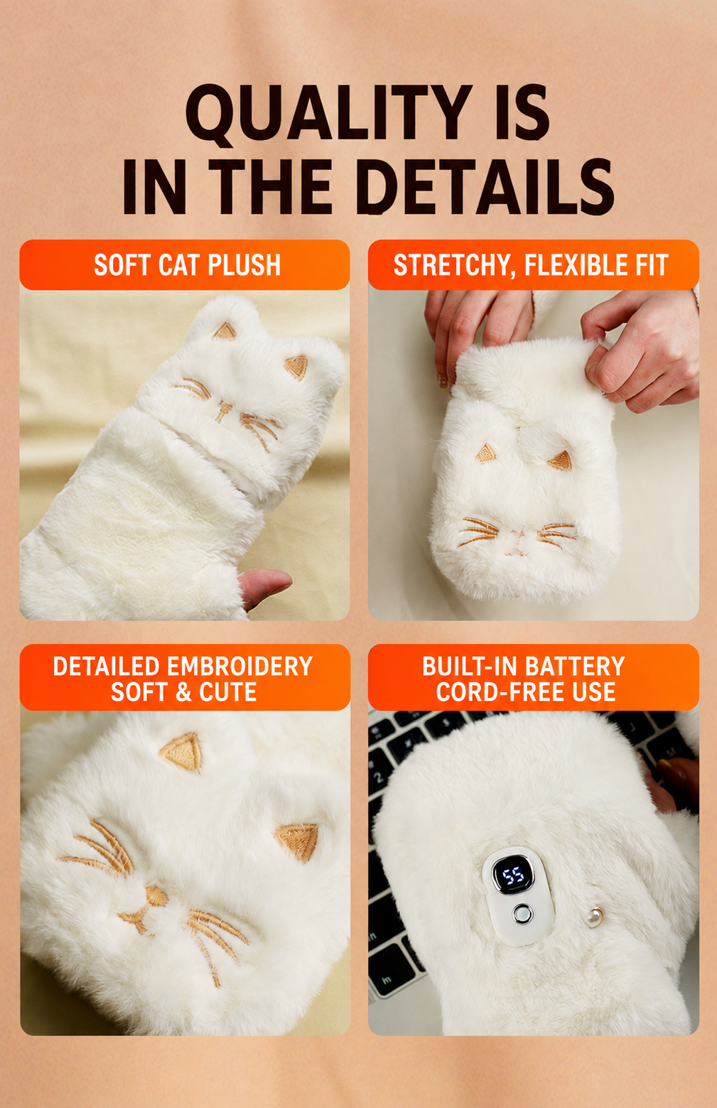 Quality details of NimbleWarm heated gloves including soft cat plush, detailed embroidery, and cord-free battery