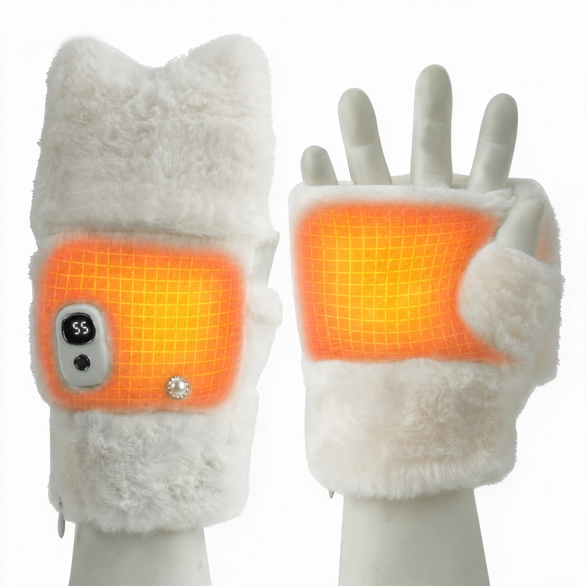 Thermal diagram of NimbleWarm cat head heated gloves showing rapid heating on palm and back of hand