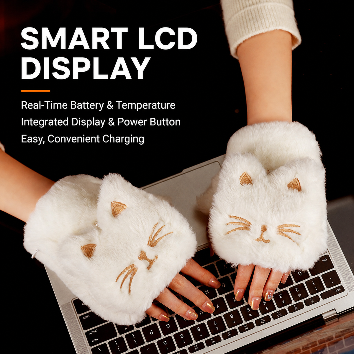 Woman typing on laptop keyboard wearing NimbleWarm cat head heated gloves with exposed fingertips