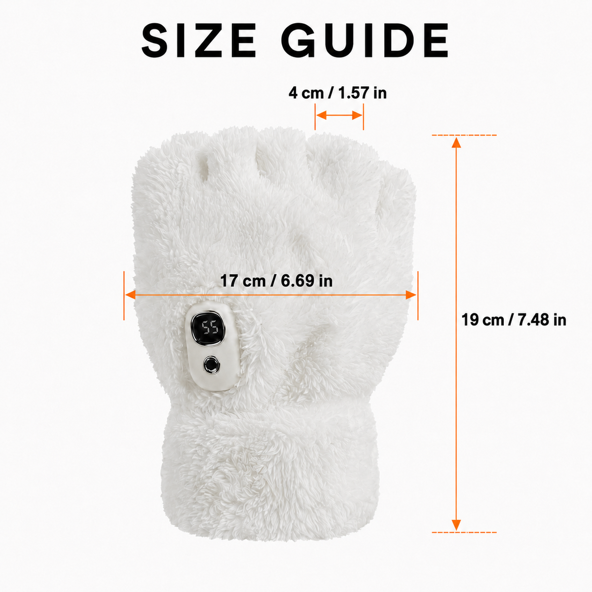 Size guide and dimensions for NimbleWarm cat paw fingerless heated gloves with length and width