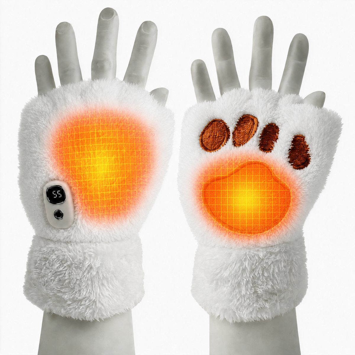 Heating zone illustration of NimbleWarm cat paw gloves showing rapid warmth on palm and back of hand