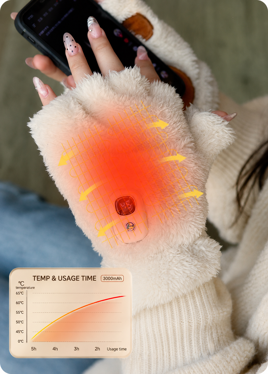 Using a smartphone with NimbleWarm cat paw gloves featuring 2 to 5 hours runtime on 3000mAh battery