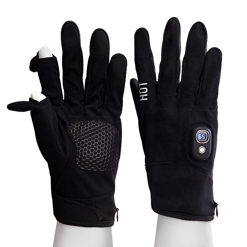 Pair of NimbleWarm convertible heated gloves showing digital display and non-slip palm grip