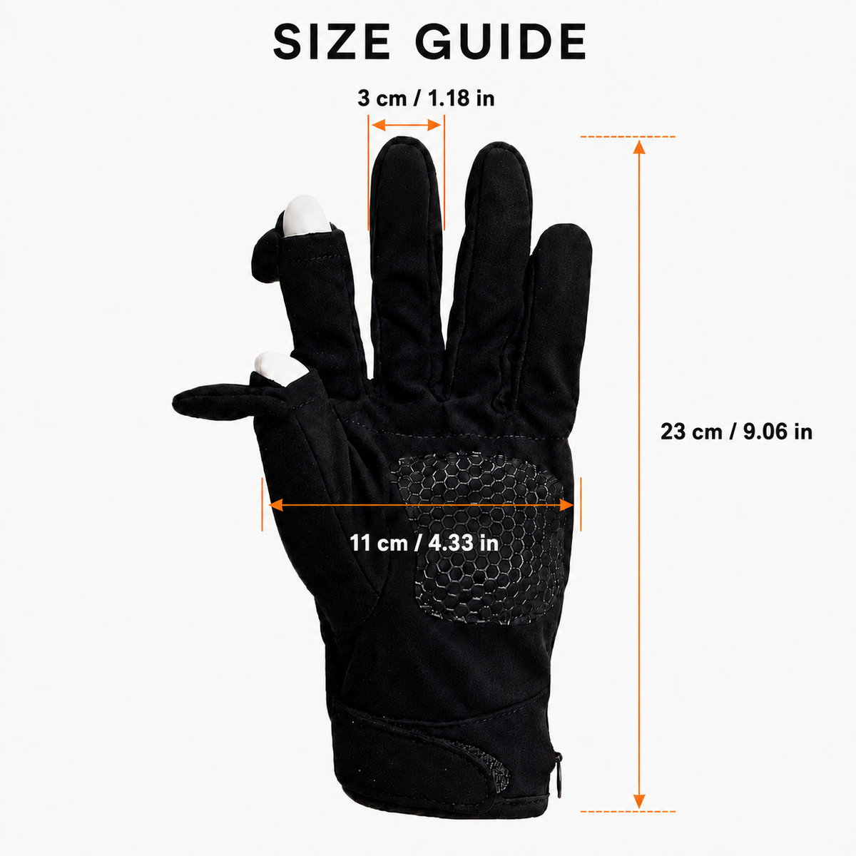 Size guide and dimensions for NimbleWarm convertible heated gloves with length and width