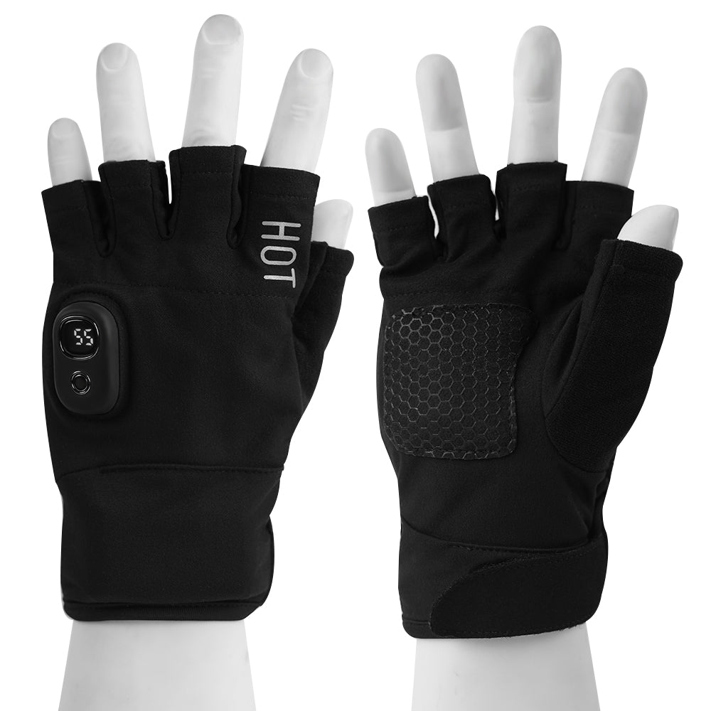 Pair of NimbleWarm fingerless heated gloves showing digital display and textured non-slip palm