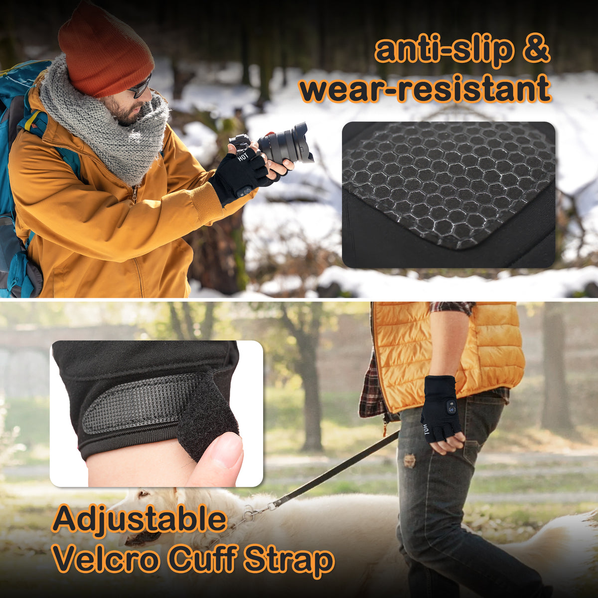 Outdoor photography and dog walking using NimbleWarm fingerless heated gloves with velcro cuffs