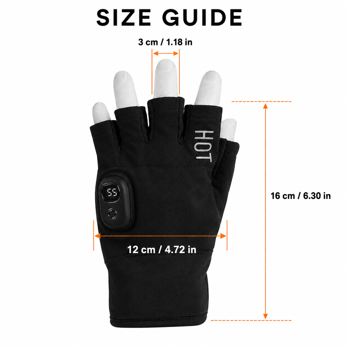 Size guide and dimensions for NimbleWarm fingerless heated gloves with length and width