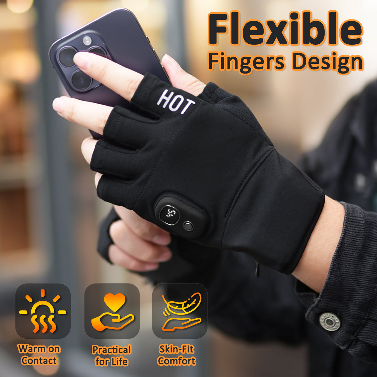 NimbleWarm fingerless heated gloves keeping hands warm while texting and holding a smartphone