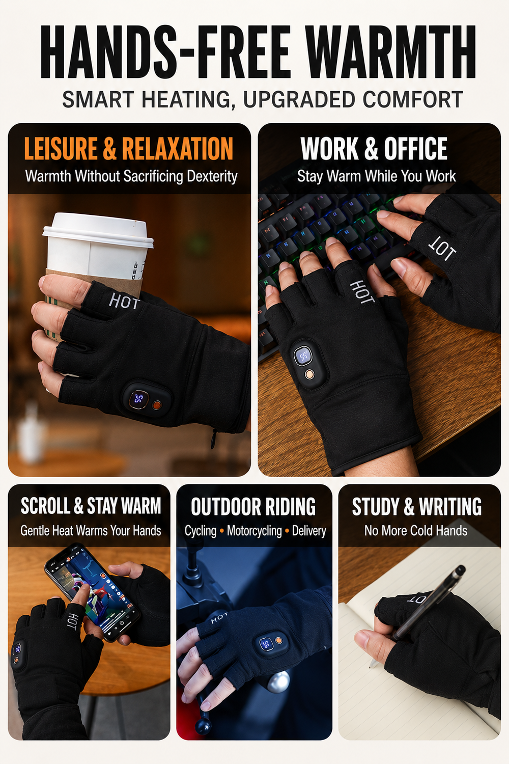 M05 fingerless heated gloves used for everyday desk tasks