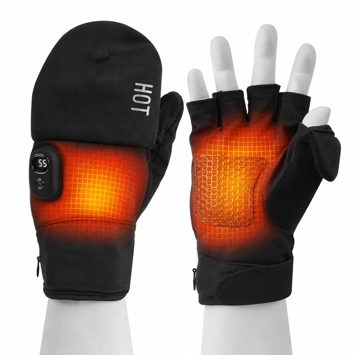 Heating zone illustration of NimbleWarm heated gloves with rapid heating across back of hand and palm
