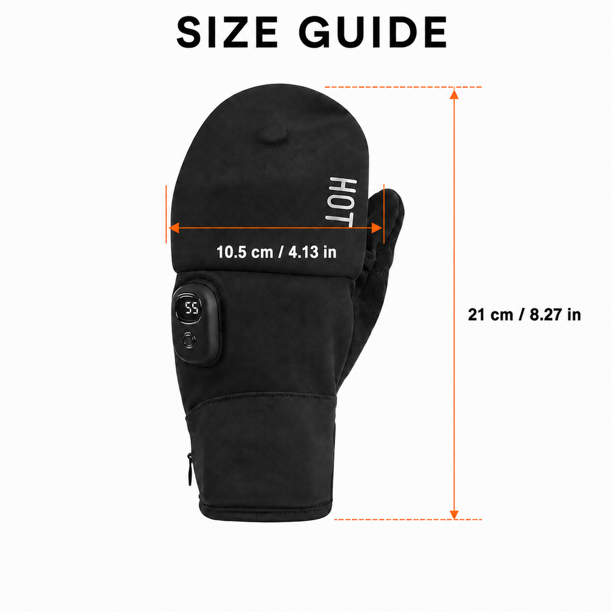 Size guide and dimensions for NimbleWarm flip-top heated gloves with length and width measurements