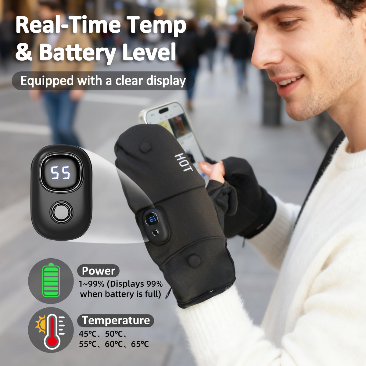 LED digital screen on NimbleWarm heated gloves showing real-time temperature and battery percentage